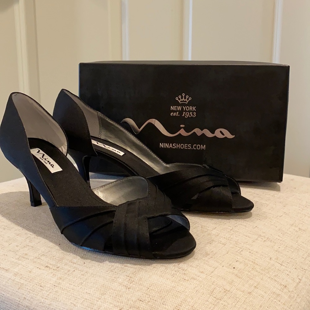 Black Satin Open-Toe Pumps